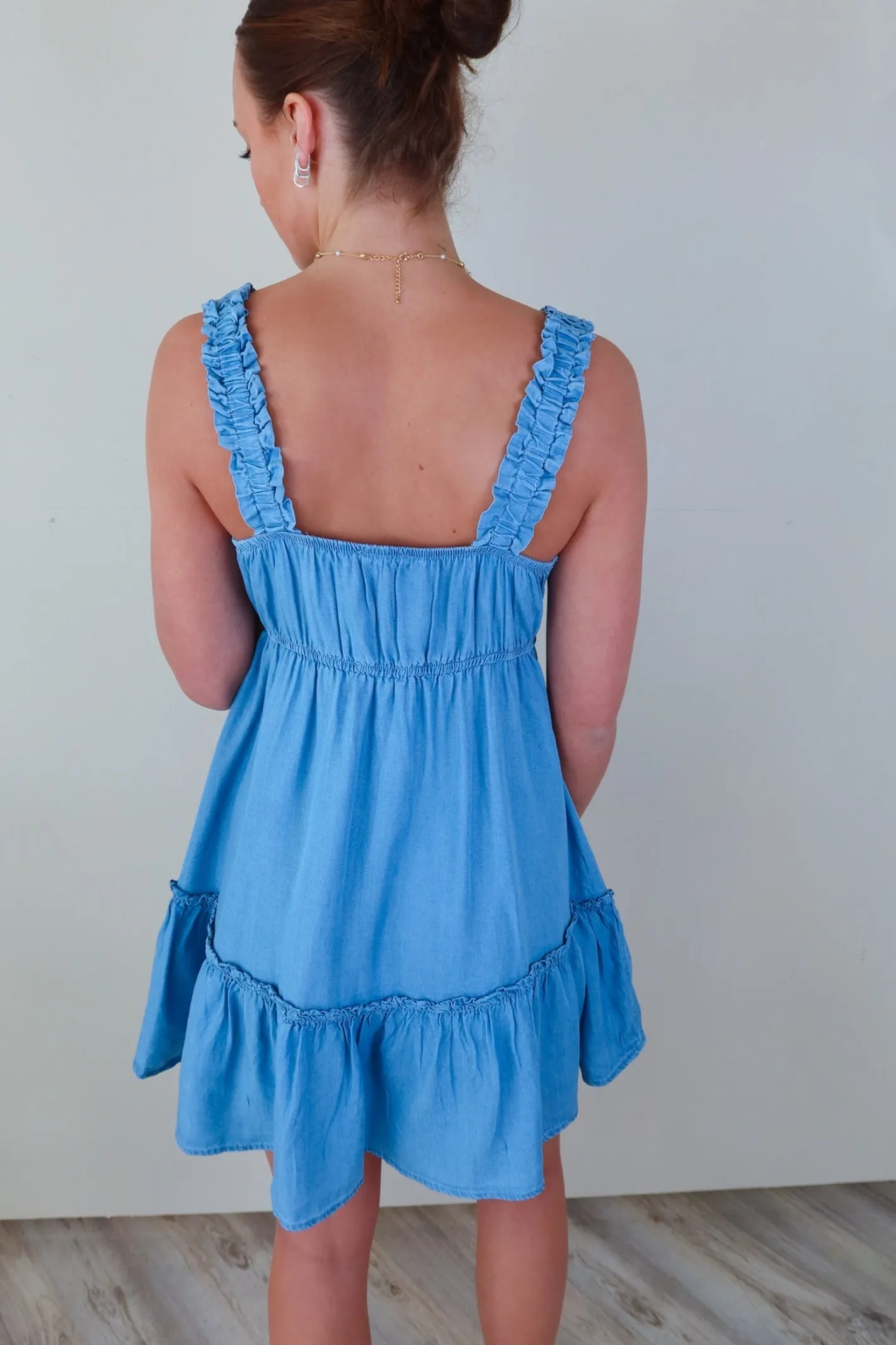 Chambray Ruffle Hem Mini Dress
