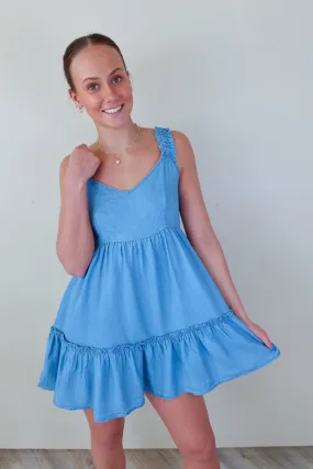 Chambray Ruffle Hem Mini Dress