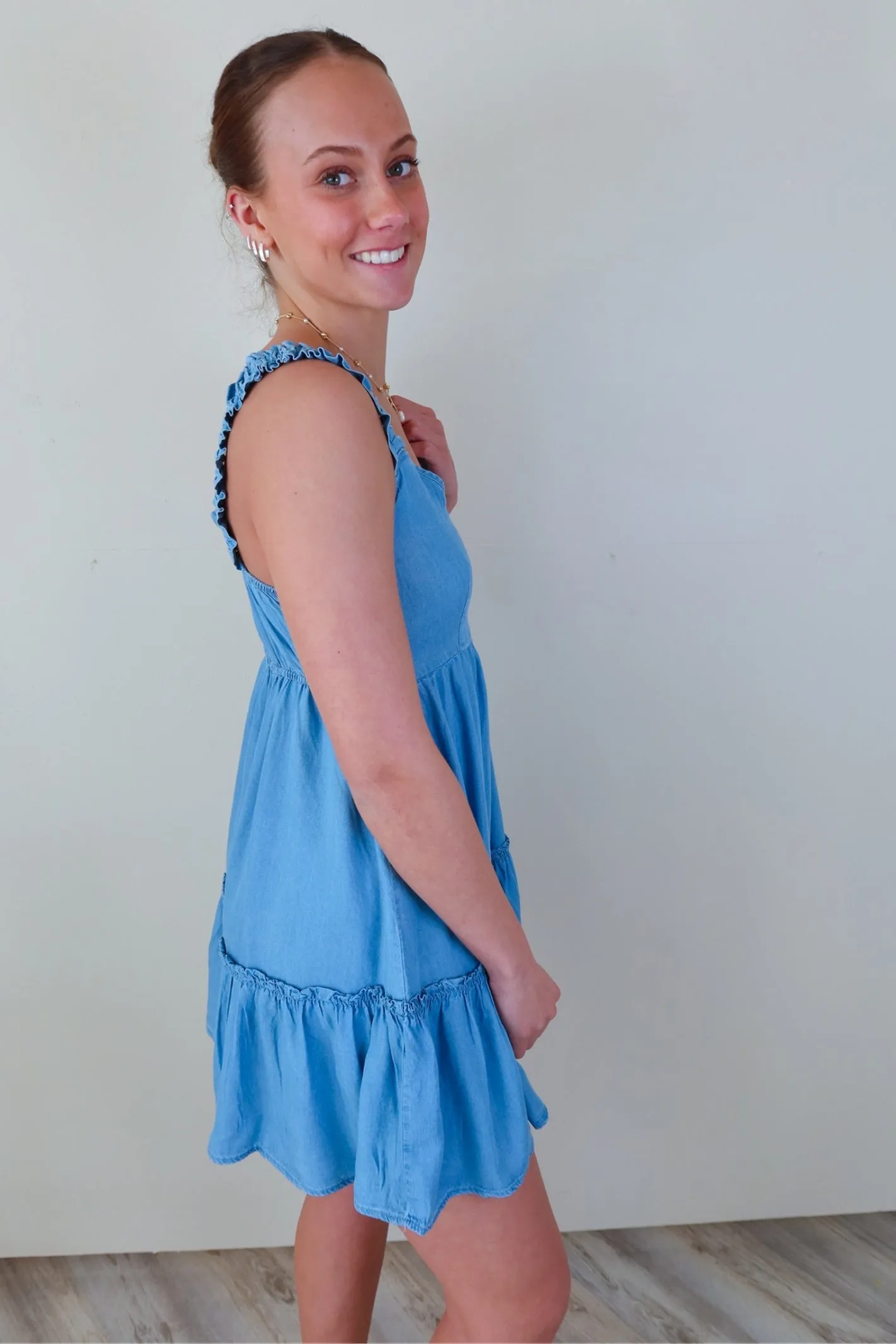Chambray Ruffle Hem Mini Dress