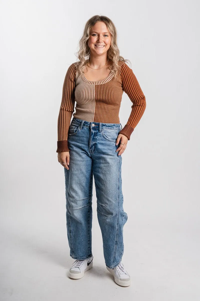 Color block ribbed bodysuit brown multi