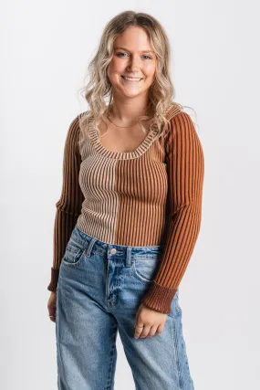 Color block ribbed bodysuit brown multi