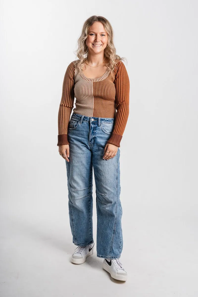 Color block ribbed bodysuit brown multi