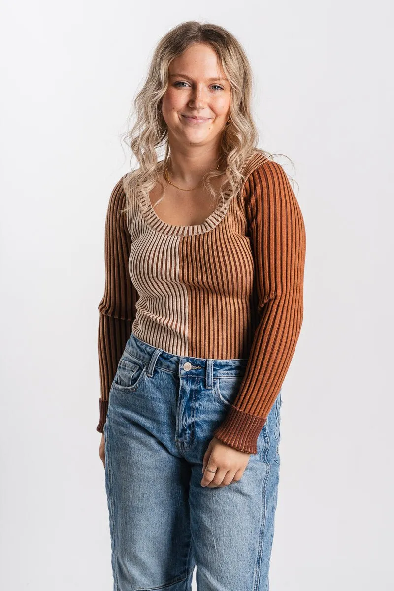 Color block ribbed bodysuit brown multi