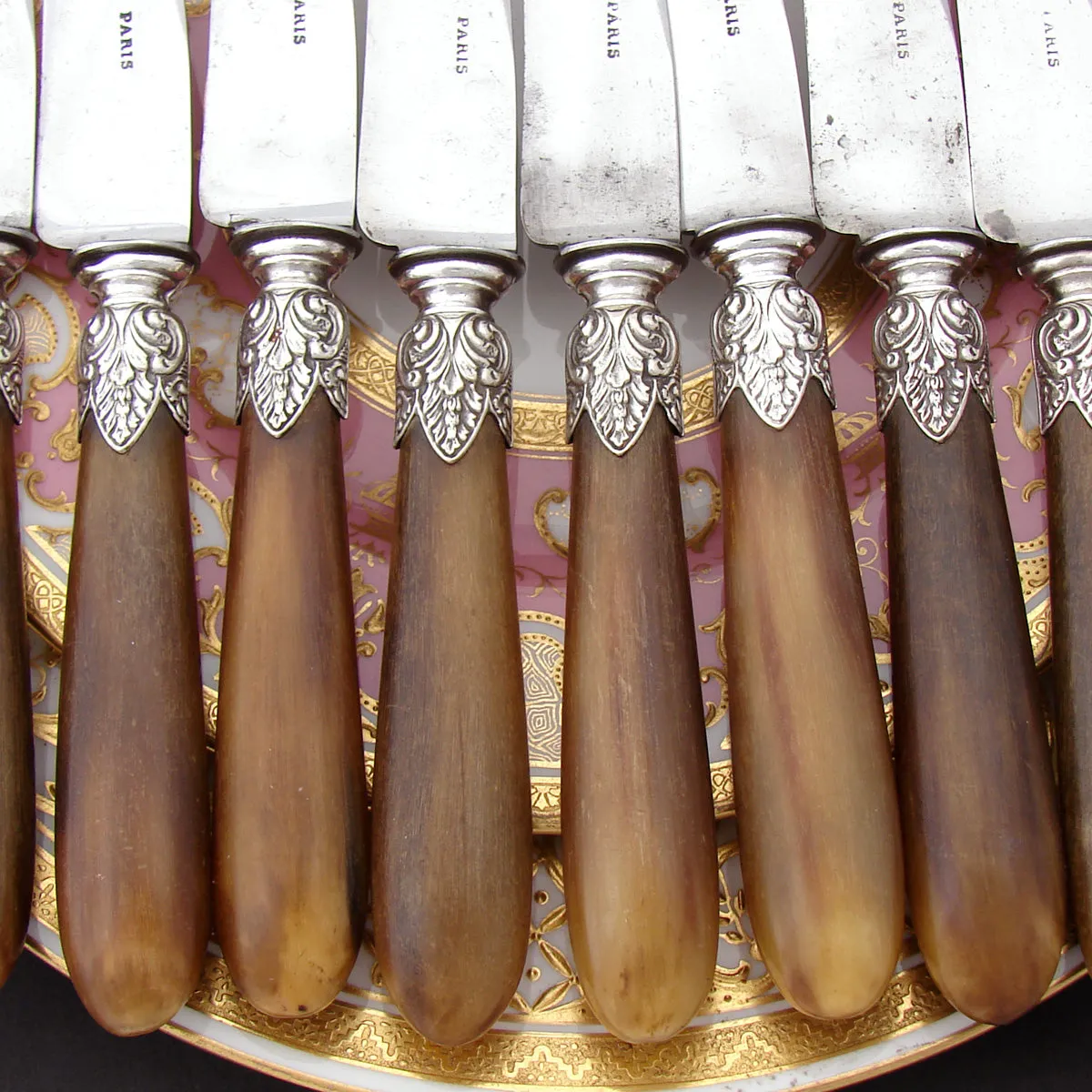 Complete Antique French Horn Handled 29pc Table Knife & Serving Utensil Set, Original Box/Chest