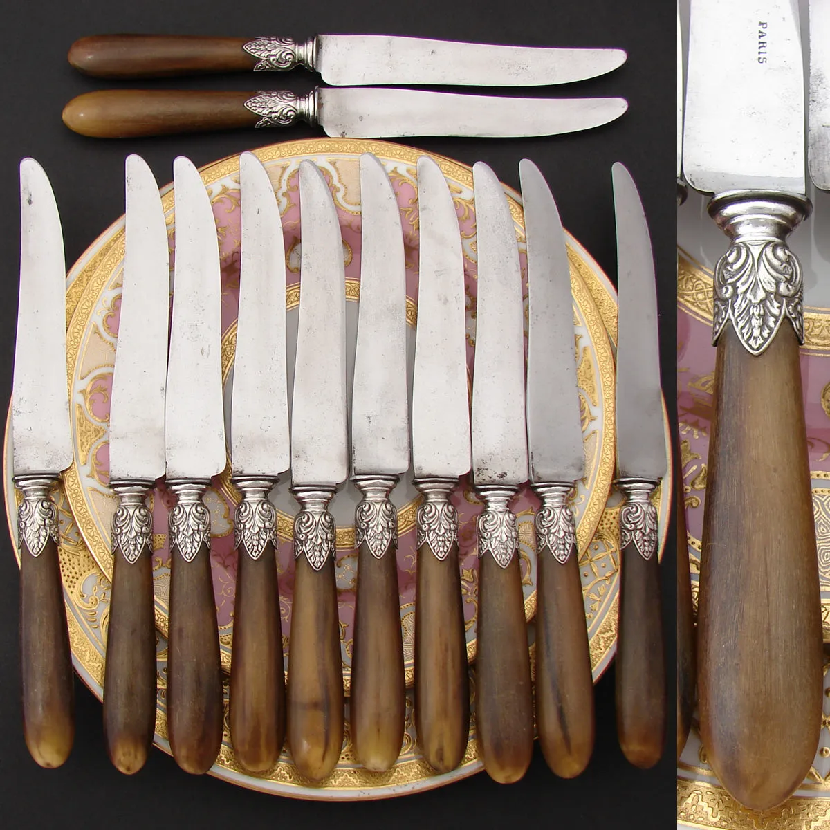 Complete Antique French Horn Handled 29pc Table Knife & Serving Utensil Set, Original Box/Chest
