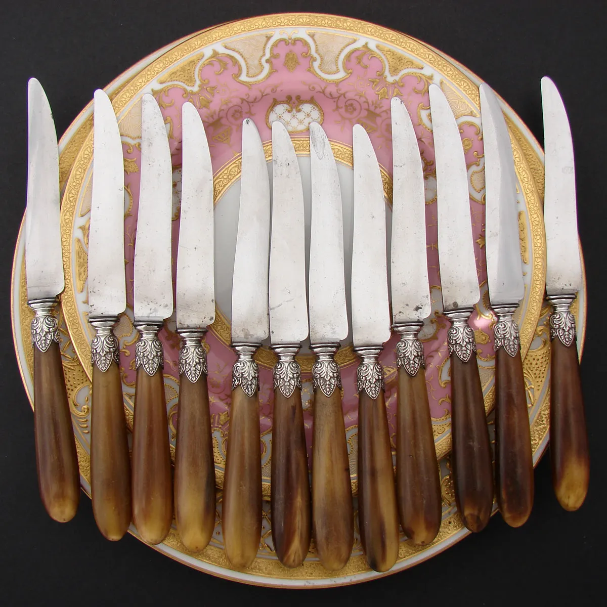 Complete Antique French Horn Handled 29pc Table Knife & Serving Utensil Set, Original Box/Chest