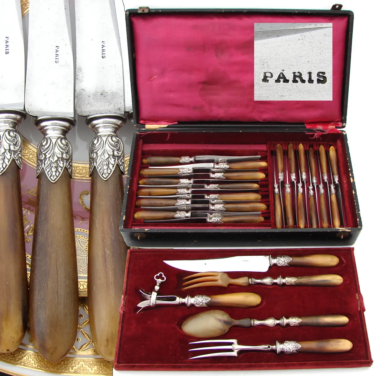 Complete Antique French Horn Handled 29pc Table Knife & Serving Utensil Set, Original Box/Chest