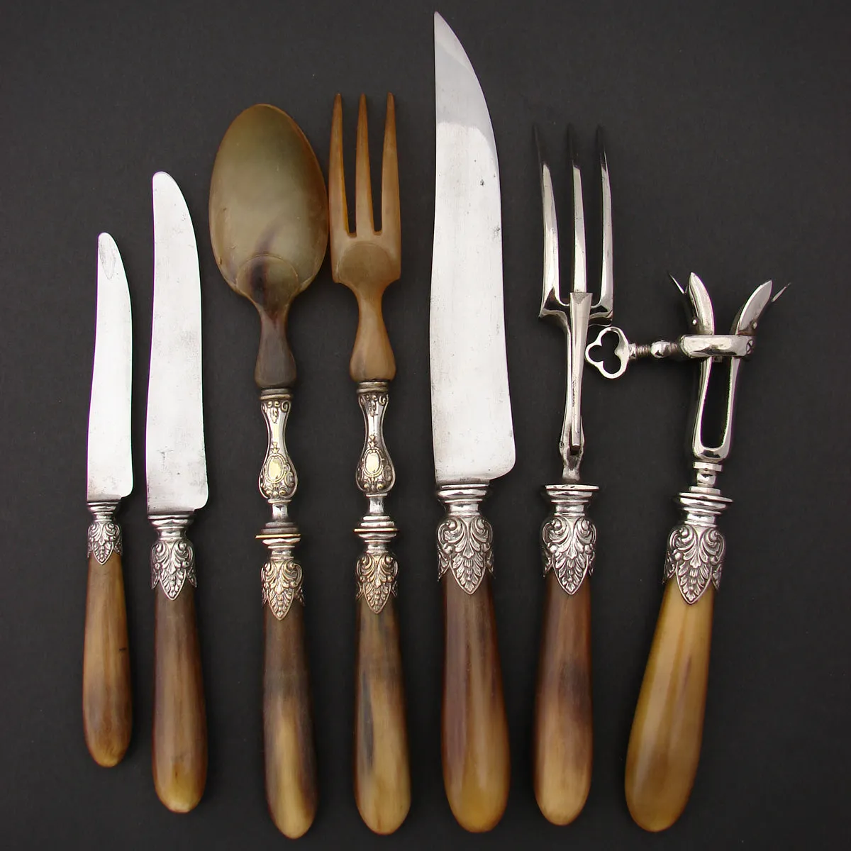 Complete Antique French Horn Handled 29pc Table Knife & Serving Utensil Set, Original Box/Chest