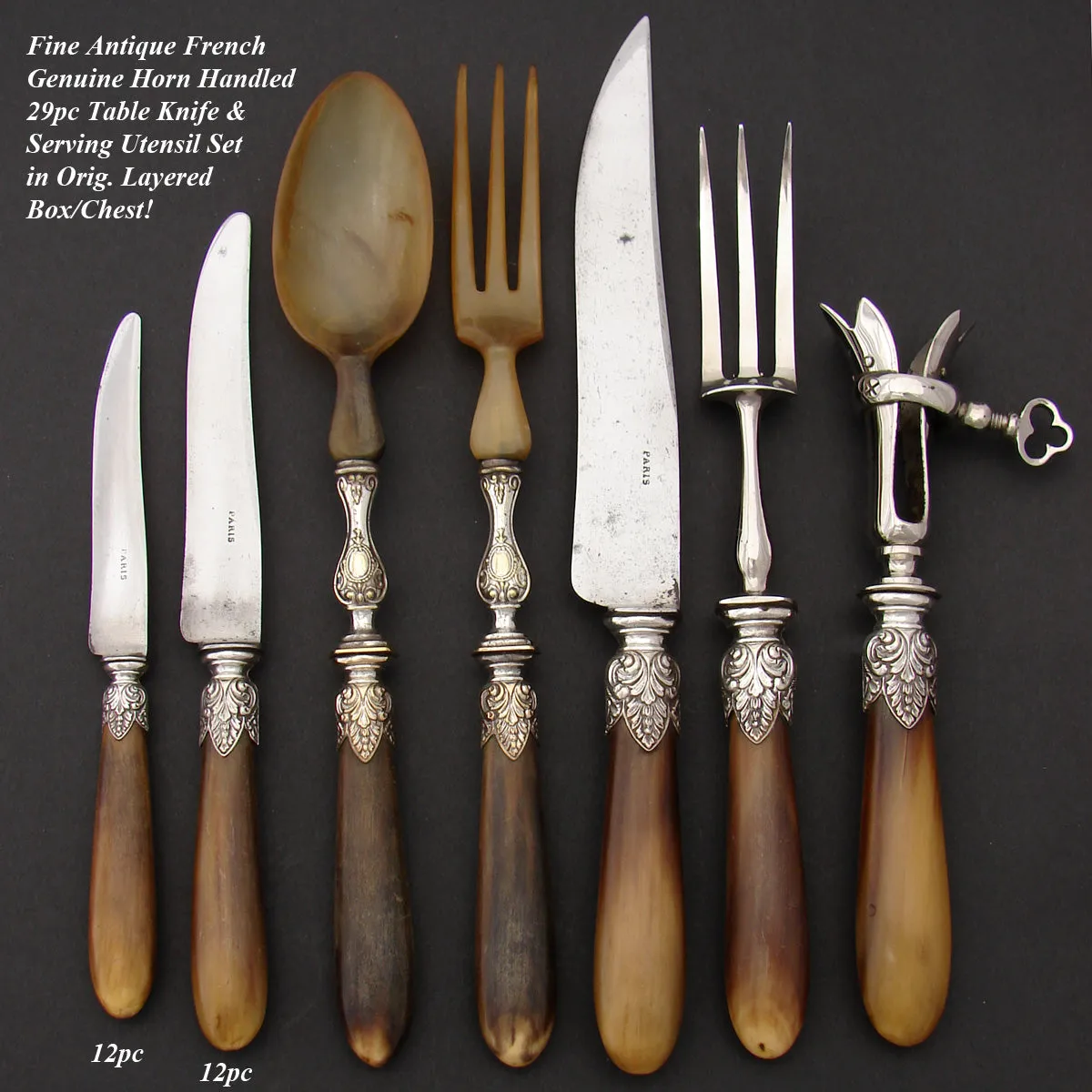 Complete Antique French Horn Handled 29pc Table Knife & Serving Utensil Set, Original Box/Chest