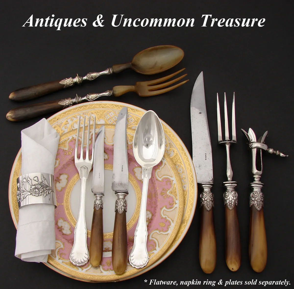 Complete Antique French Horn Handled 29pc Table Knife & Serving Utensil Set, Original Box/Chest
