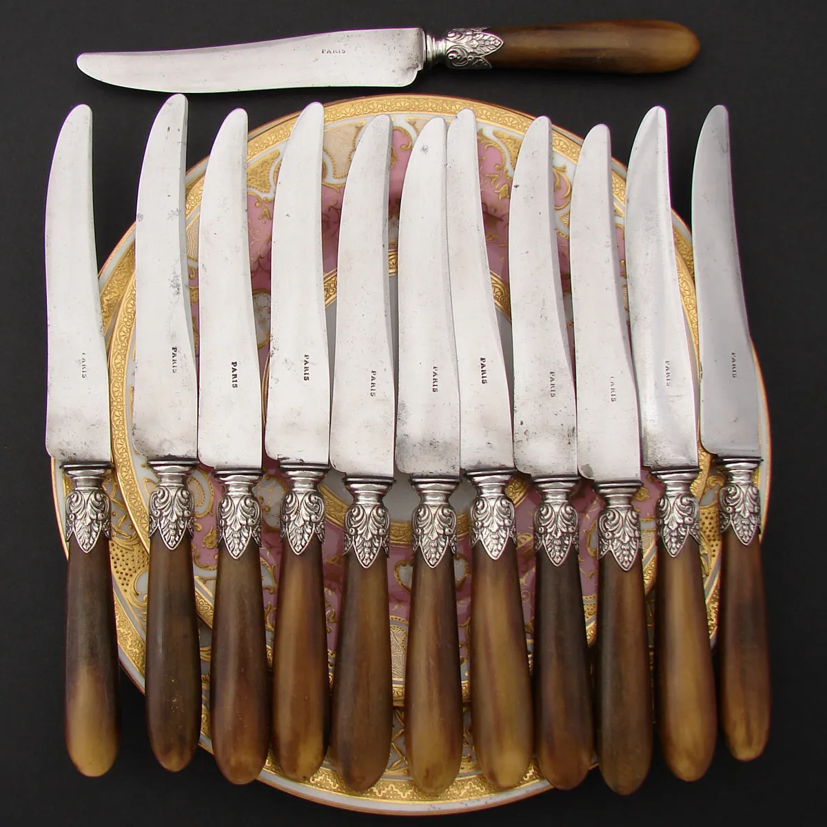 Complete Antique French Horn Handled 29pc Table Knife & Serving Utensil Set, Original Box/Chest