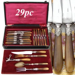 Complete Antique French Horn Handled 29pc Table Knife & Serving Utensil Set, Original Box/Chest