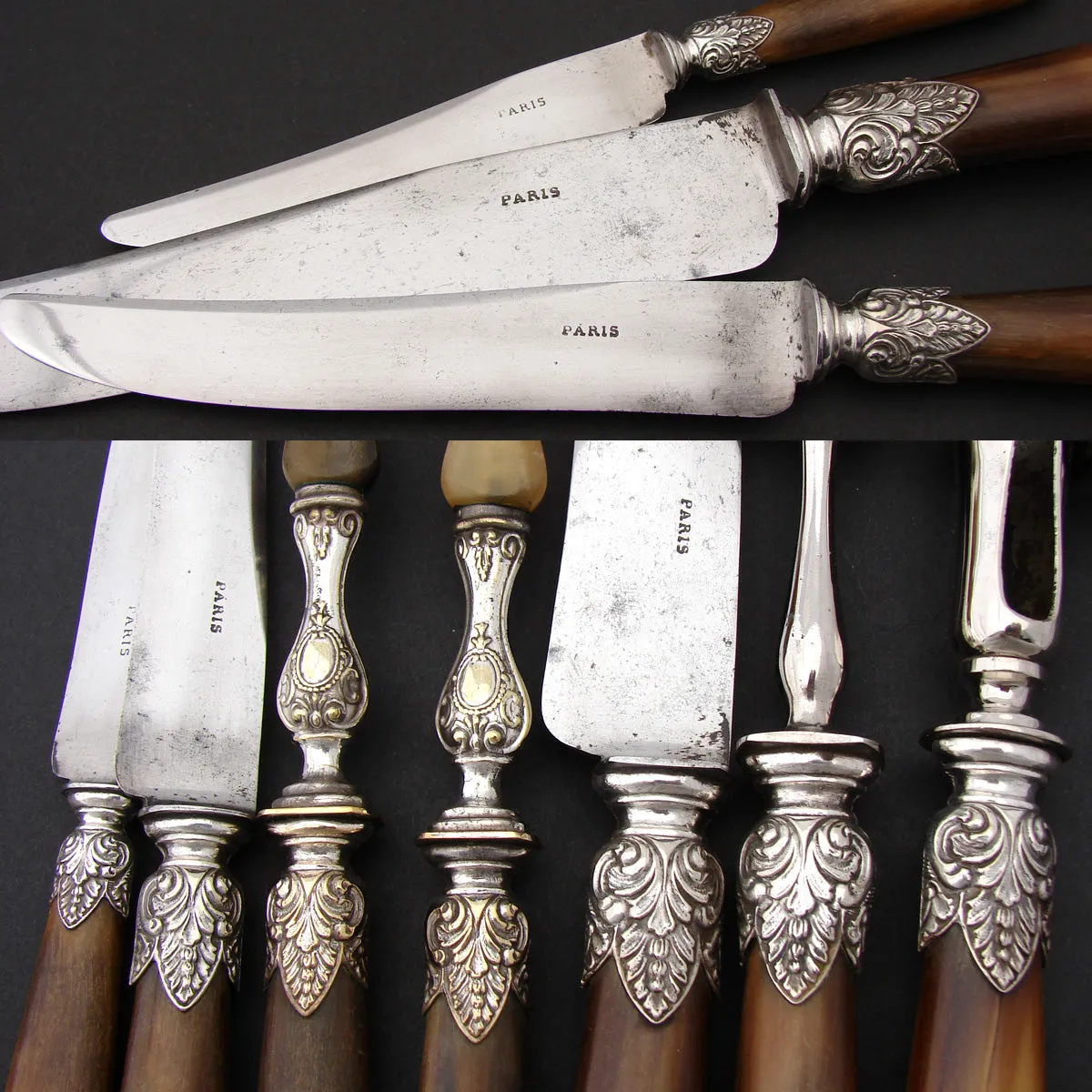 Complete Antique French Horn Handled 29pc Table Knife & Serving Utensil Set, Original Box/Chest