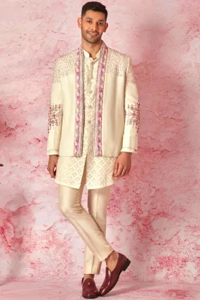 Cream Linen Bandhgala With Jaquard Silk Kurta Set