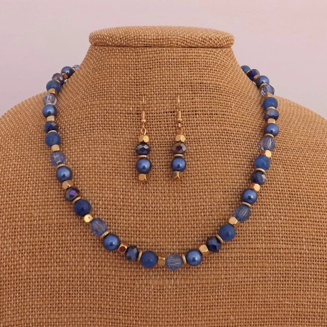 Dark Blue & Gold Tone Handmade Bead Necklace & Earrings Set