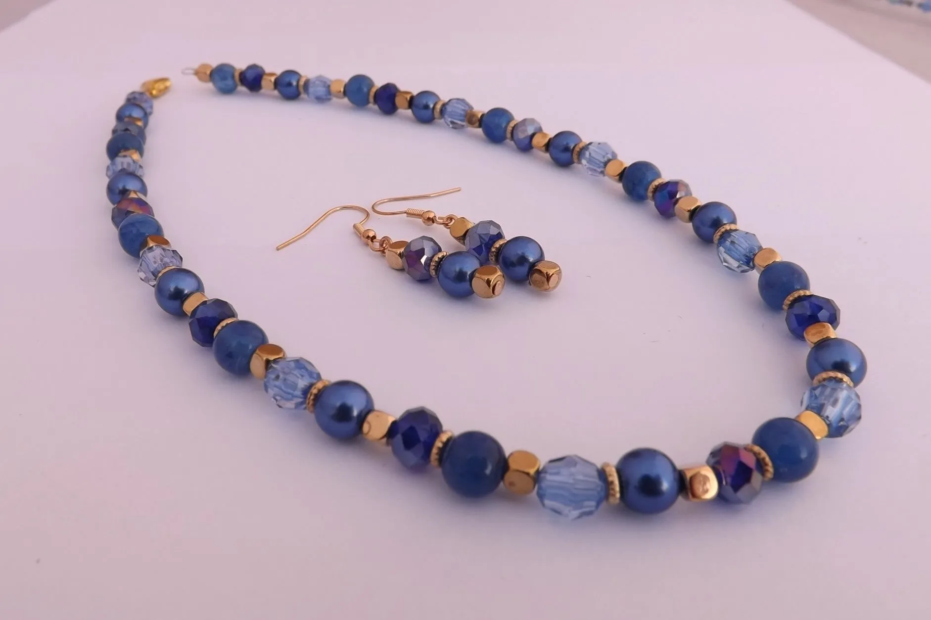 Dark Blue & Gold Tone Handmade Bead Necklace & Earrings Set