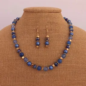Dark Blue & Gold Tone Handmade Bead Necklace & Earrings Set
