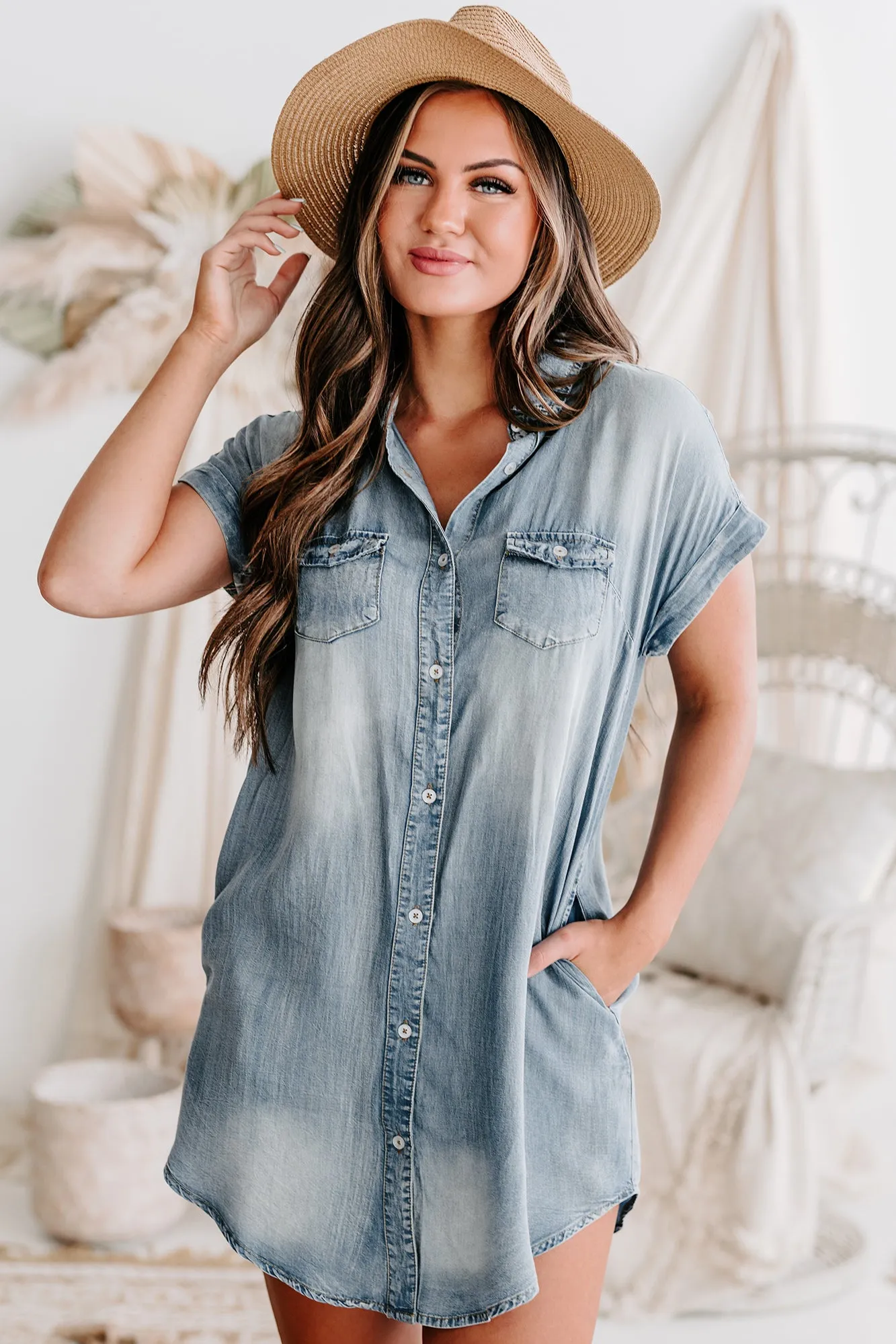 Effortless Allure Button-Down Chambray Dress (Denim)