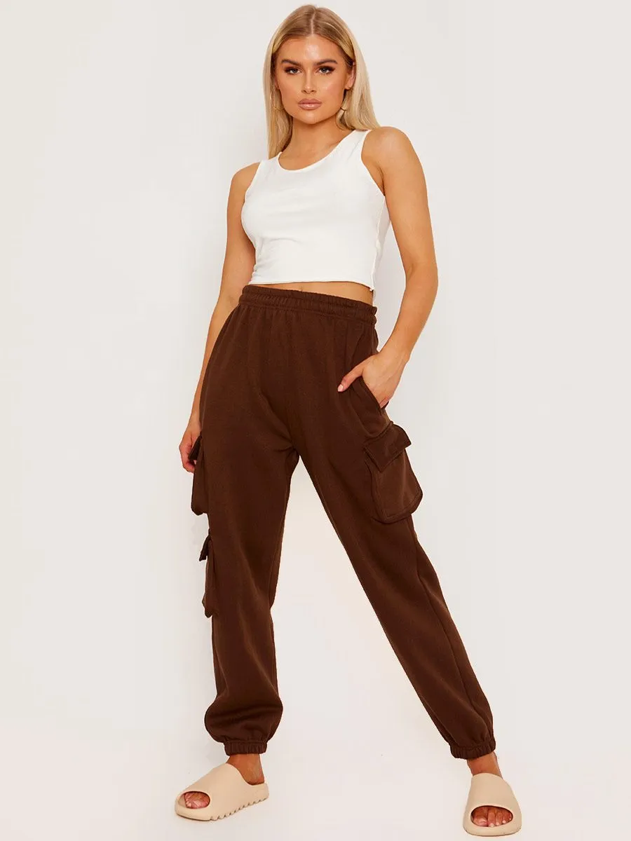 Elicia Utility Pocket Fleeced Cargo Jogger In Brown