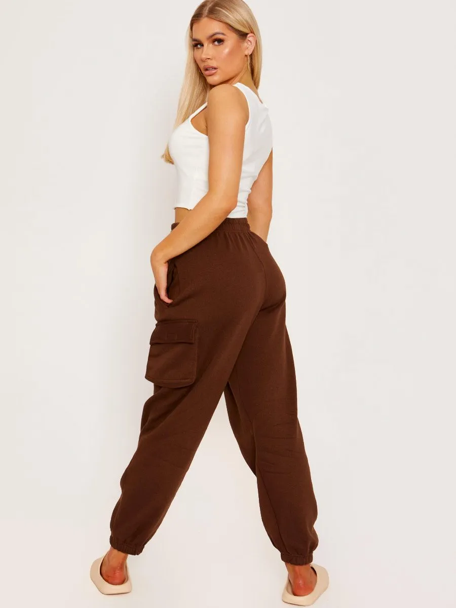Elicia Utility Pocket Fleeced Cargo Jogger In Brown
