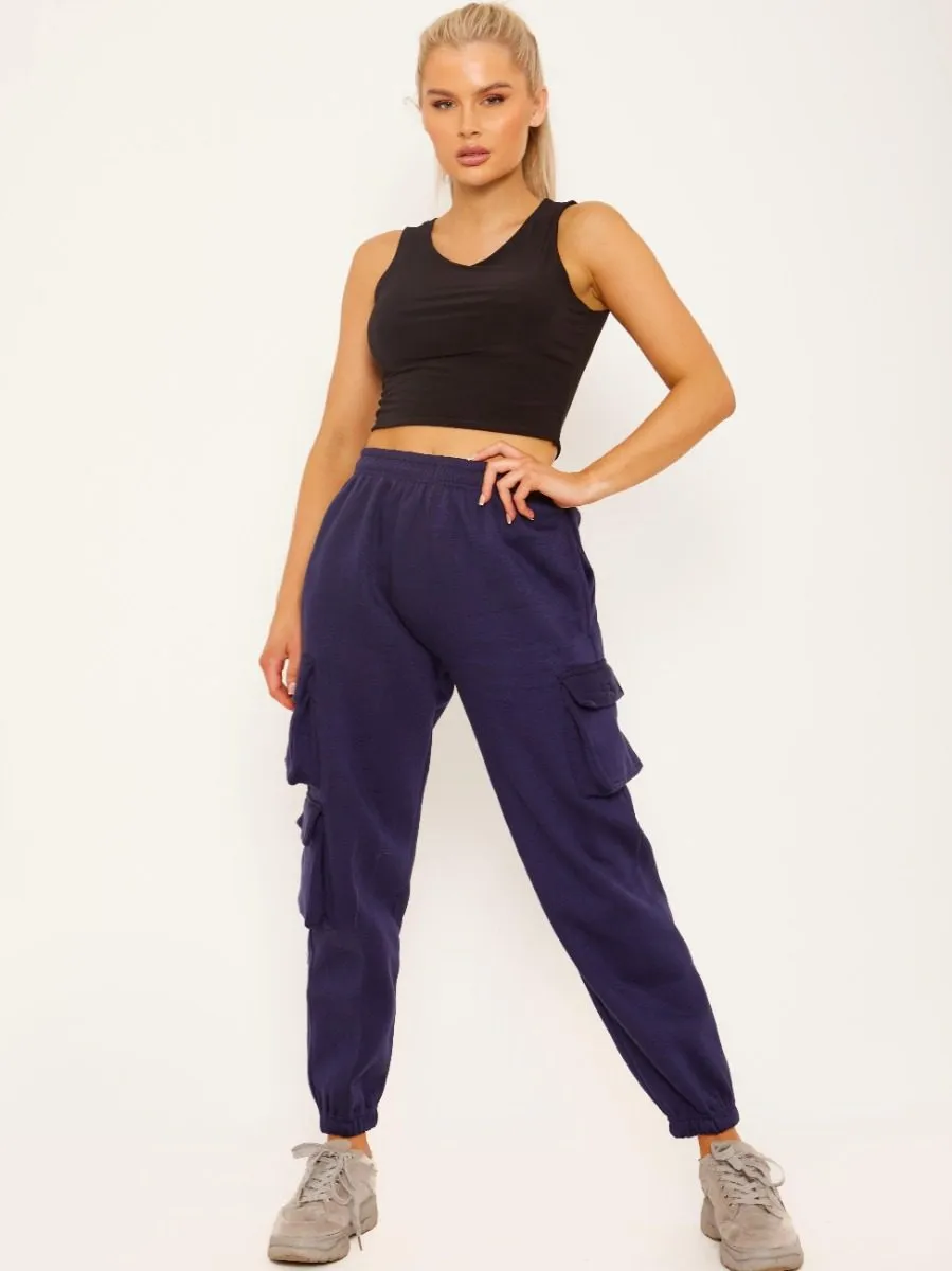 Elicia Utility Pocket Fleeced Cargo Jogger In Navy