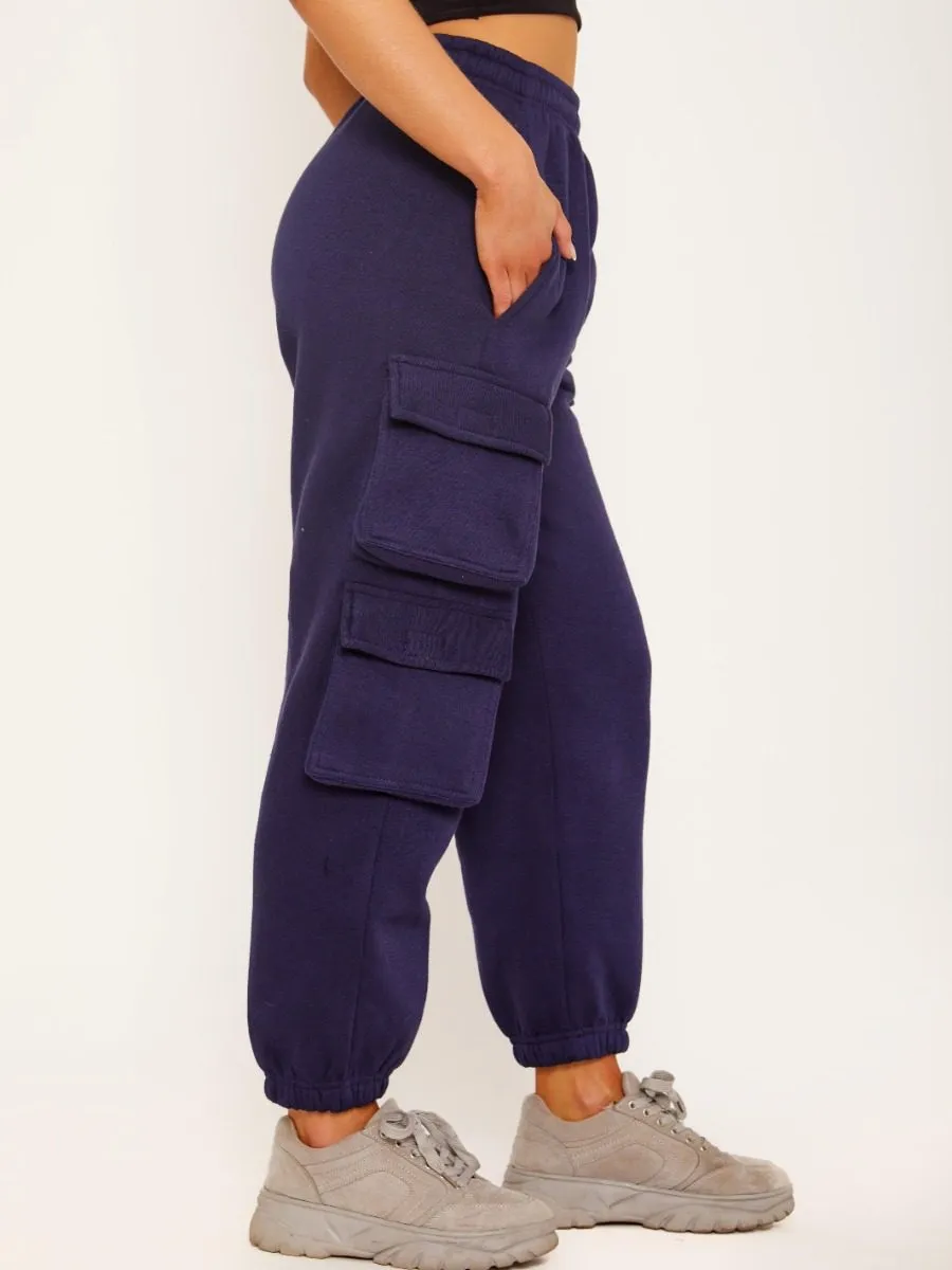 Elicia Utility Pocket Fleeced Cargo Jogger In Navy