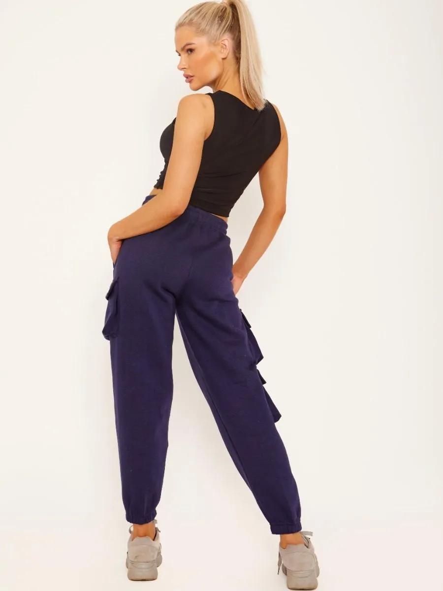 Elicia Utility Pocket Fleeced Cargo Jogger In Navy