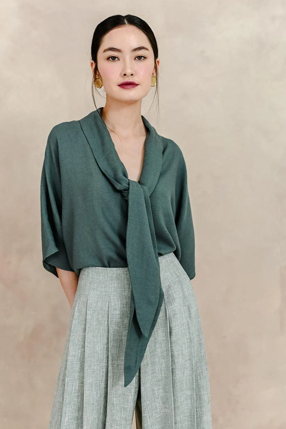 Esmeralda Straight Pleated Silk Linen Floor Length Pants