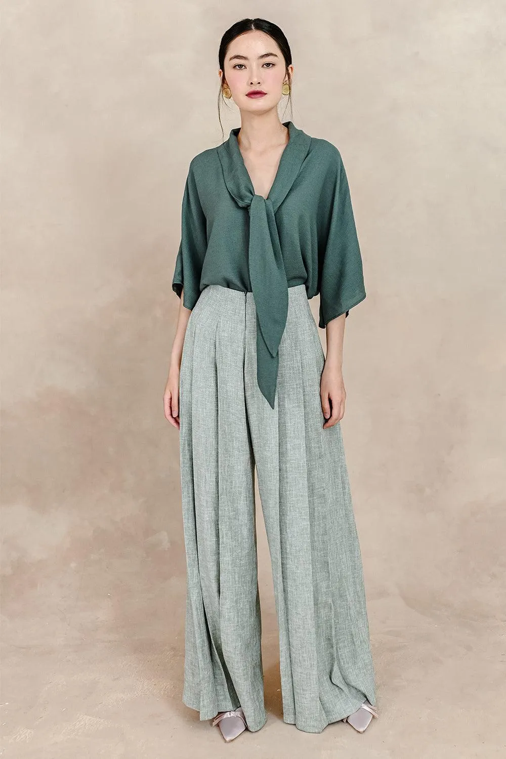 Esmeralda Straight Pleated Silk Linen Floor Length Pants