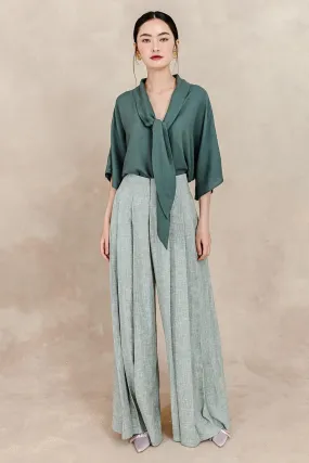 Esmeralda Straight Pleated Silk Linen Floor Length Pants