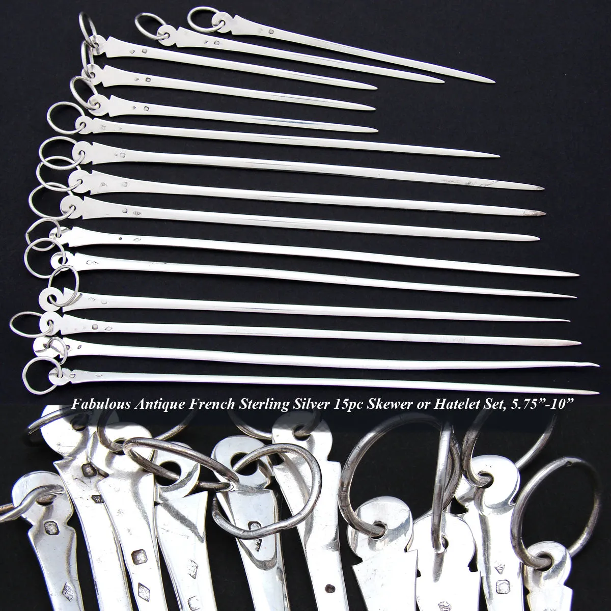 Fabulous Antique French Hallmarked Sterling Silver 15pc Skewer or Hatelet Set, 5.75" to 10"