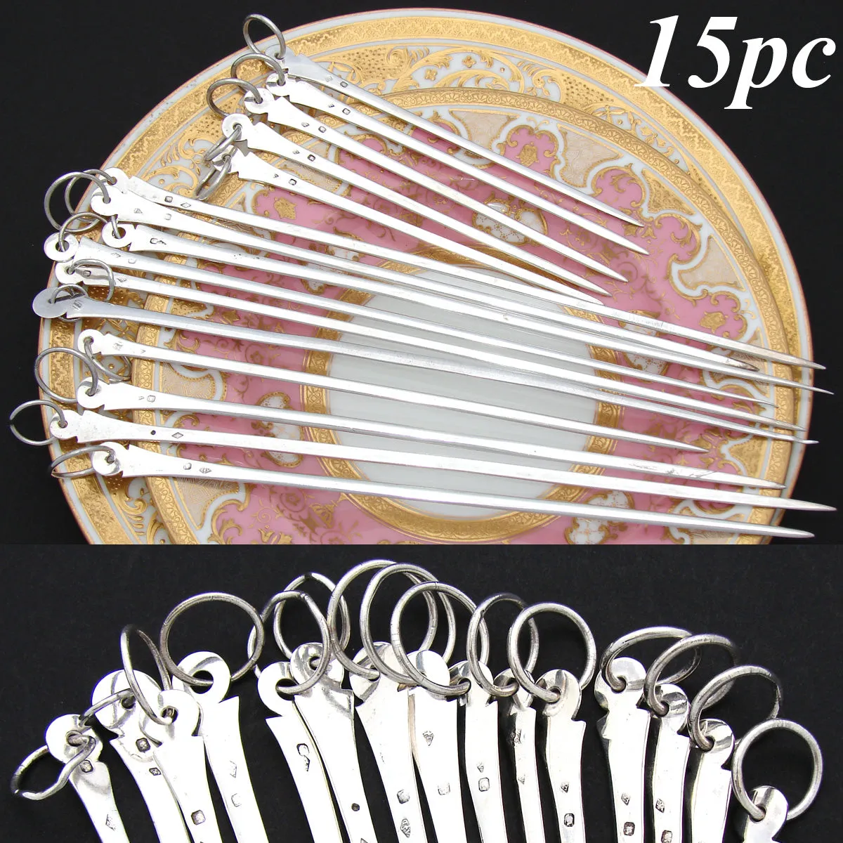 Fabulous Antique French Hallmarked Sterling Silver 15pc Skewer or Hatelet Set, 5.75" to 10"