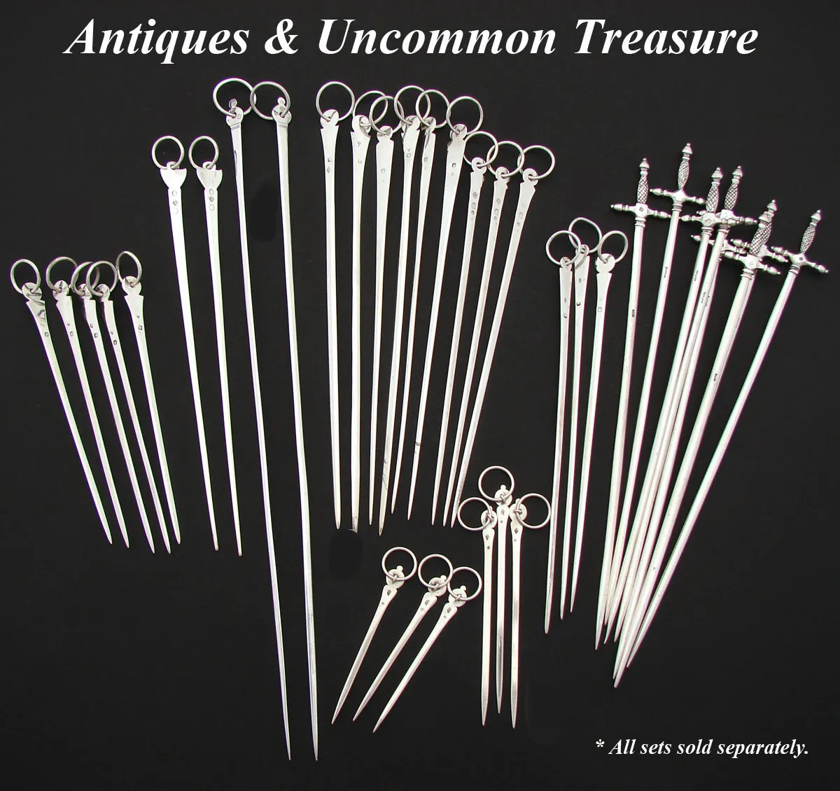 Fabulous Antique French Hallmarked Sterling Silver 15pc Skewer or Hatelet Set, 5.75" to 10"