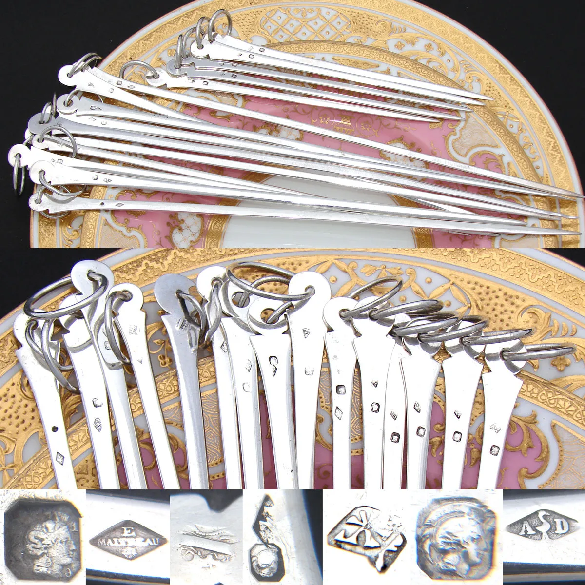Fabulous Antique French Hallmarked Sterling Silver 15pc Skewer or Hatelet Set, 5.75" to 10"