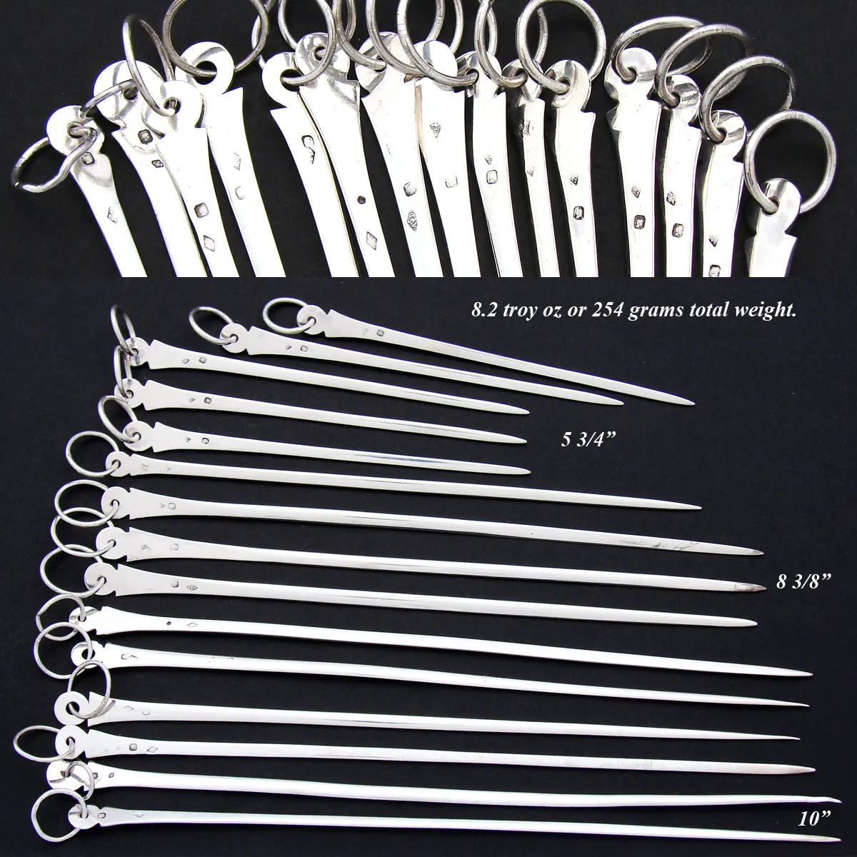 Fabulous Antique French Hallmarked Sterling Silver 15pc Skewer or Hatelet Set, 5.75" to 10"