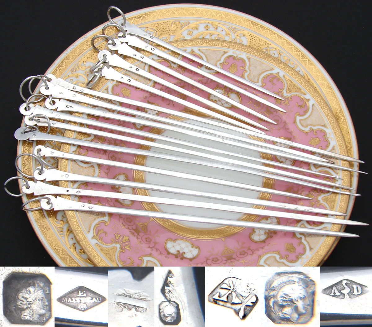 Fabulous Antique French Hallmarked Sterling Silver 15pc Skewer or Hatelet Set, 5.75" to 10"