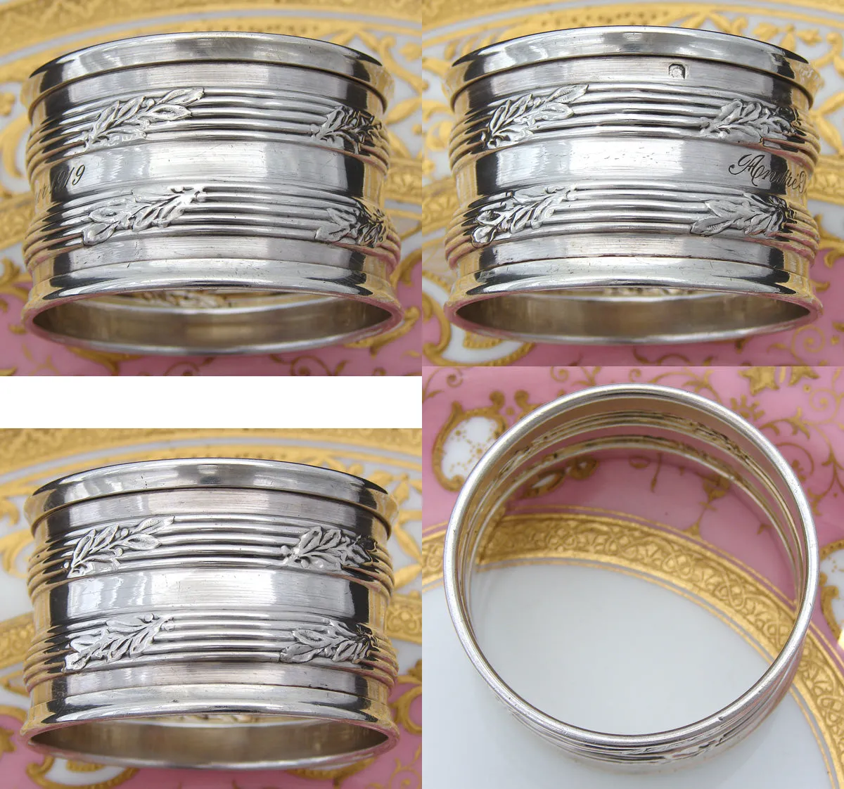 Fine Antique French Sterling Silver 2” Napkin Ring, Foliage Accented Bands