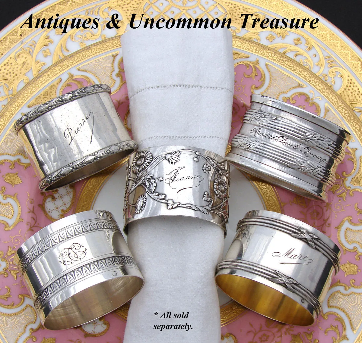Fine Antique French Sterling Silver 2” Napkin Ring, Foliage Accented Bands