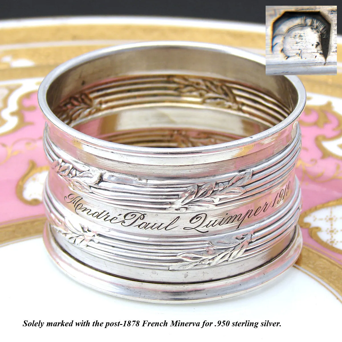 Fine Antique French Sterling Silver 2” Napkin Ring, Foliage Accented Bands
