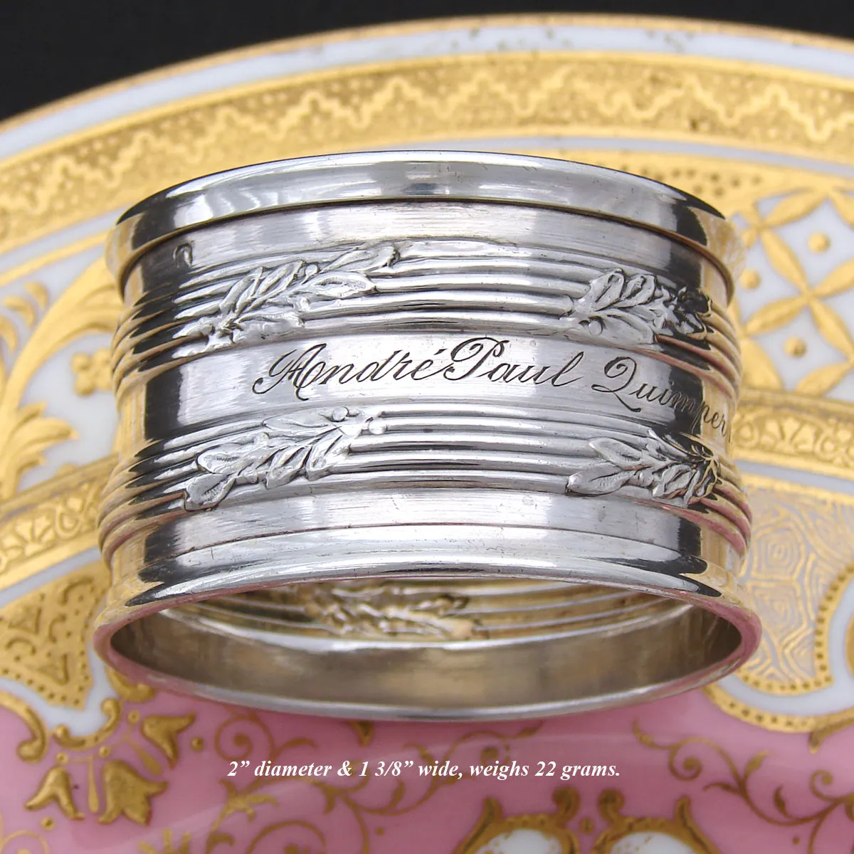Fine Antique French Sterling Silver 2” Napkin Ring, Foliage Accented Bands