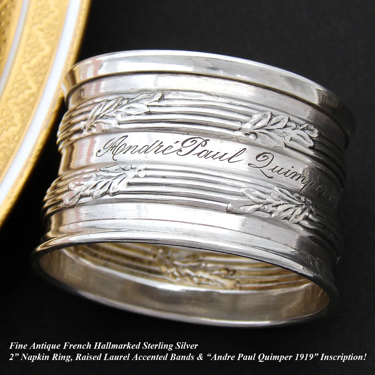 Fine Antique French Sterling Silver 2” Napkin Ring, Foliage Accented Bands