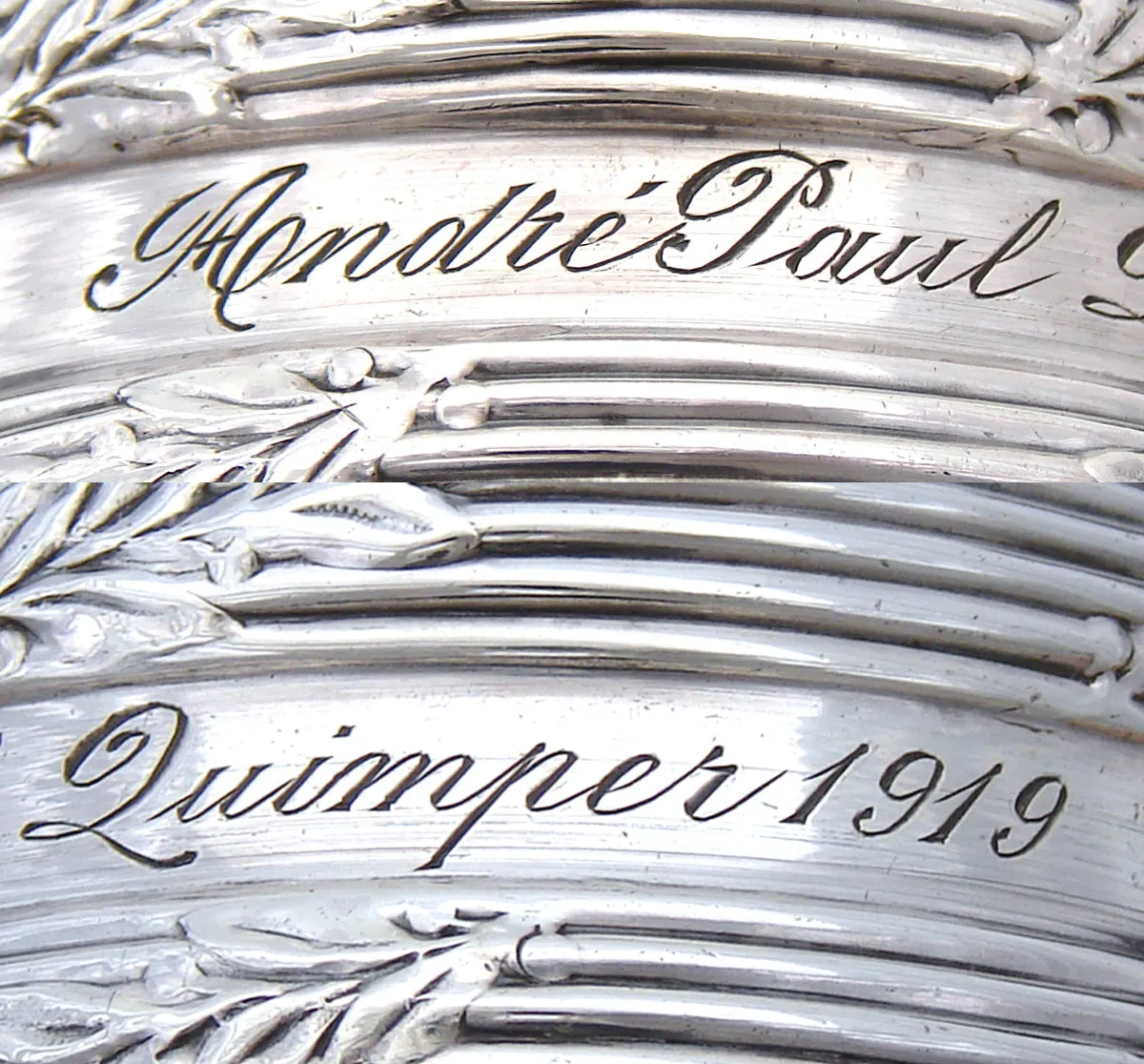 Fine Antique French Sterling Silver 2” Napkin Ring, Foliage Accented Bands