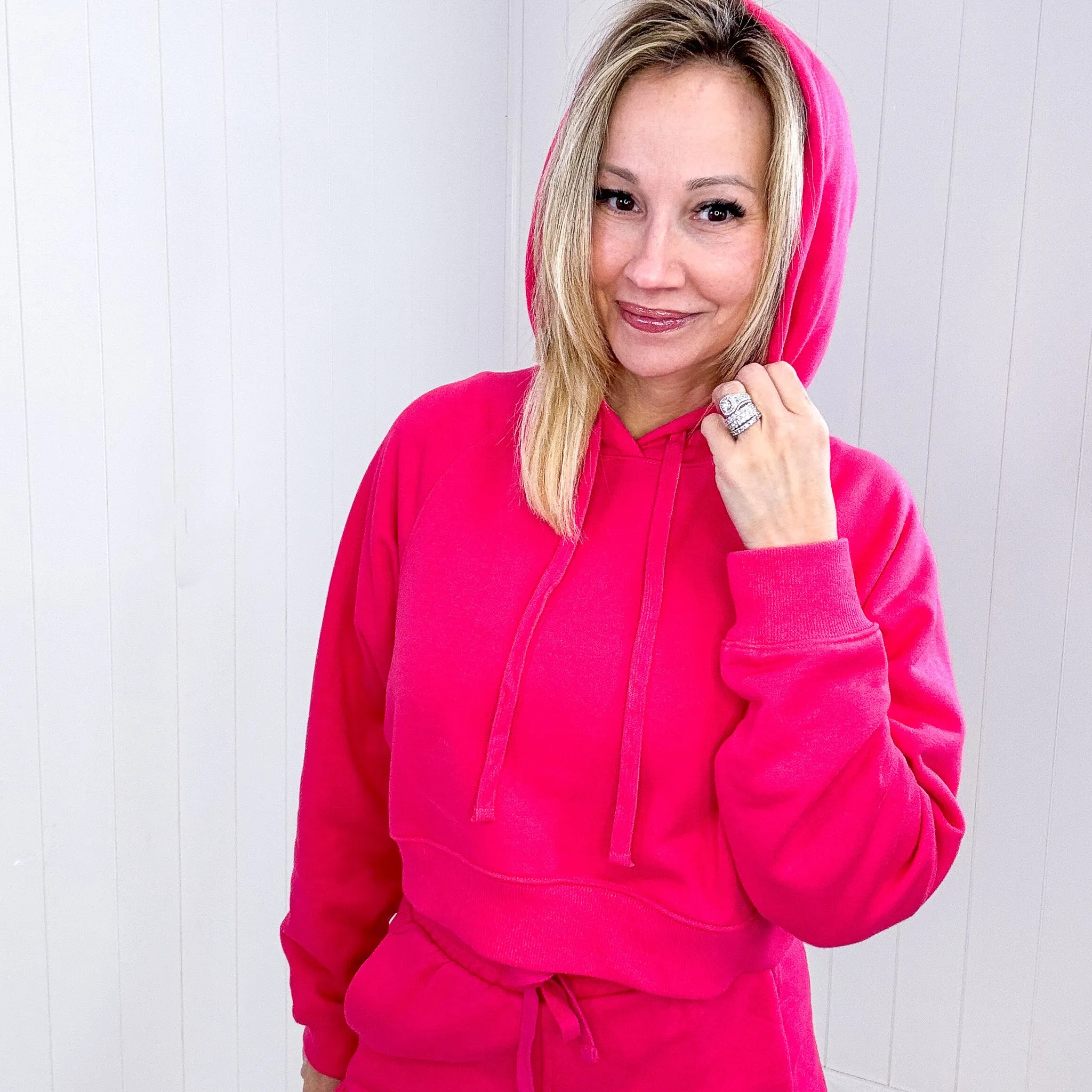 Flamingo Pink French Terry Cropped Pullover Hoodie Shorts Set *Final Sale*
