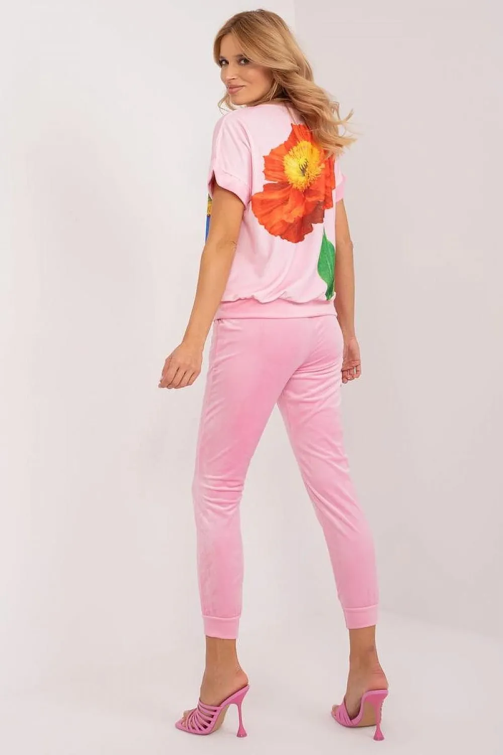 Flower Print Velour Top & Pants Set Pink