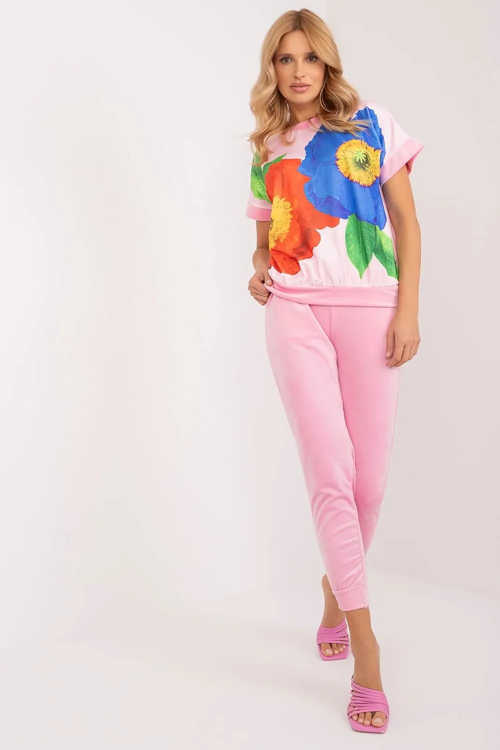 Flower Print Velour Top & Pants Set Pink