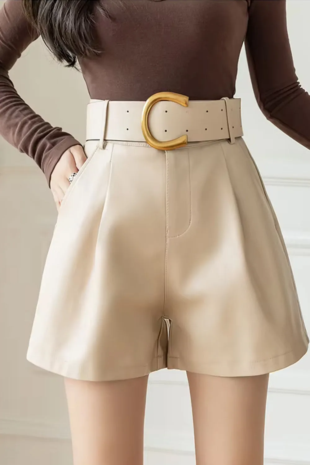 Flytonn-cute winter outfits casual winter outfits christmas outfit party look inspos High Waist Elegant Belt Office Leather Shorts