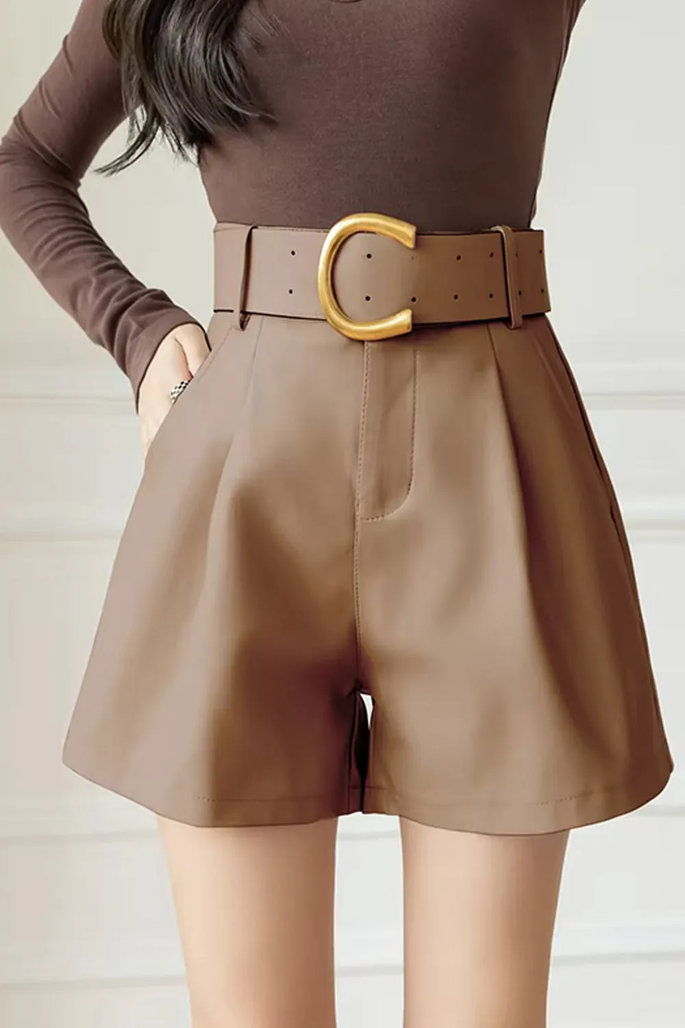 Flytonn-cute winter outfits casual winter outfits christmas outfit party look inspos High Waist Elegant Belt Office Leather Shorts