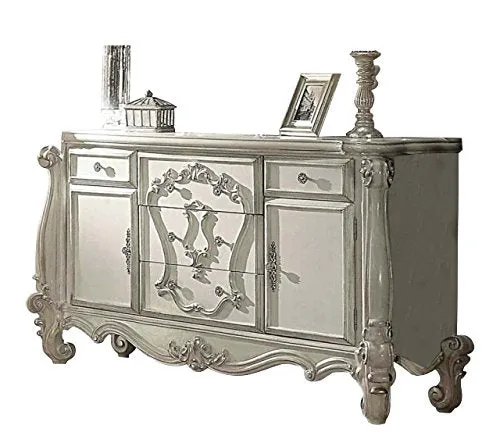 French Versailles Bedroom Set with Queen Bed, Nightstand, Dresser and Mirror