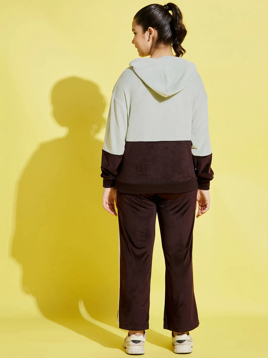 Girls Sea Green & Brown Velour Colorblock Hoodie With Track Pants