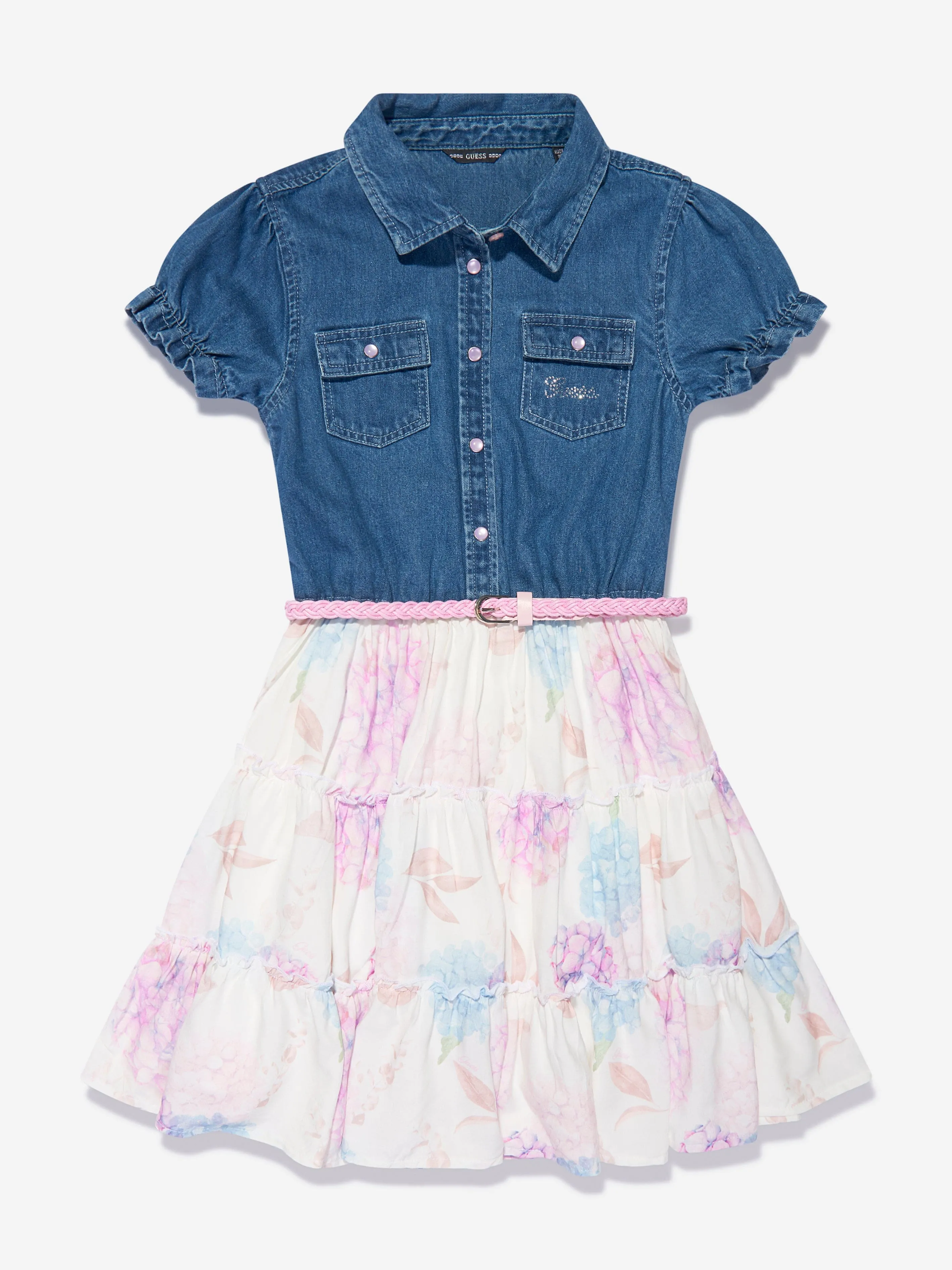 Guess Girls Chambray Floral Dress in Blue
